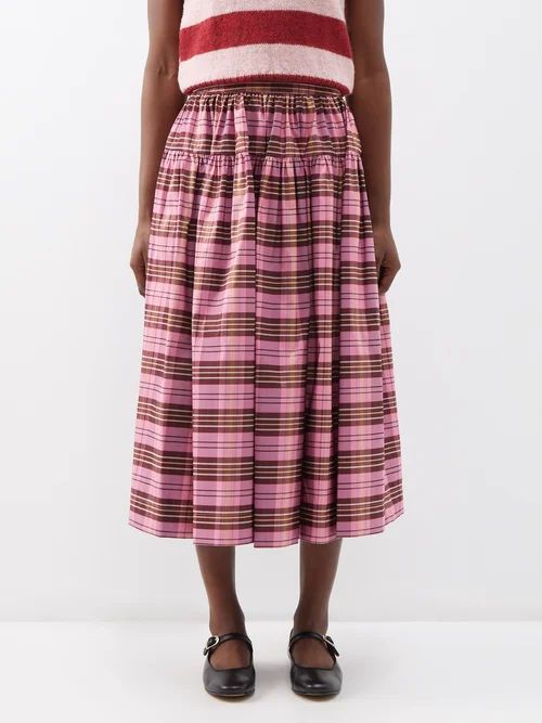 Amy Gathered Tartan Lamé Midi Skirt - Womens - Pink Multi