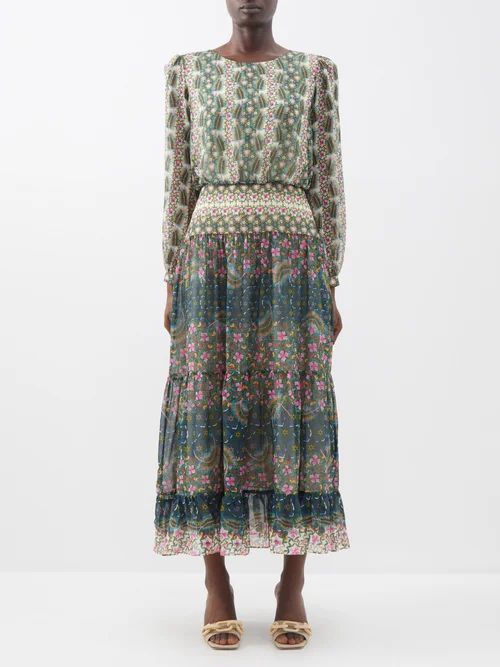 Isabel Floral-print Silk Midi Dress - Womens - Green Multi