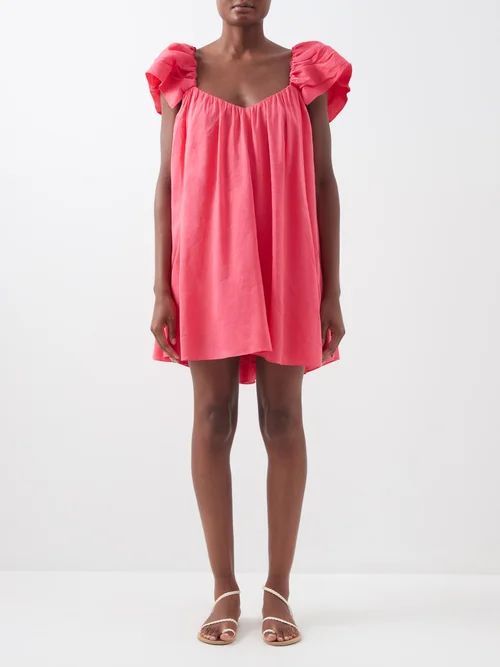 Emily Ruffle-strap Linen-blend Mini Dress - Womens - Pink