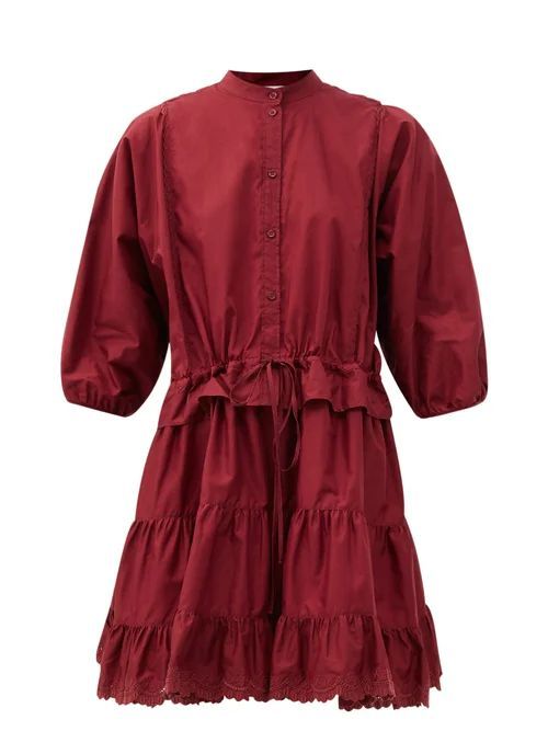 Lace-trimmed Cotton-poplin Mini Dress - Womens - Burgundy
