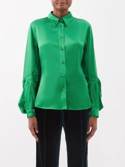 Bishop-sleeve Satin Blouse - Womens - Emerald