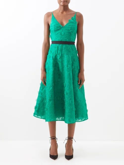 Donna Floral-embroidered Silk Midi Dress - Womens - Green