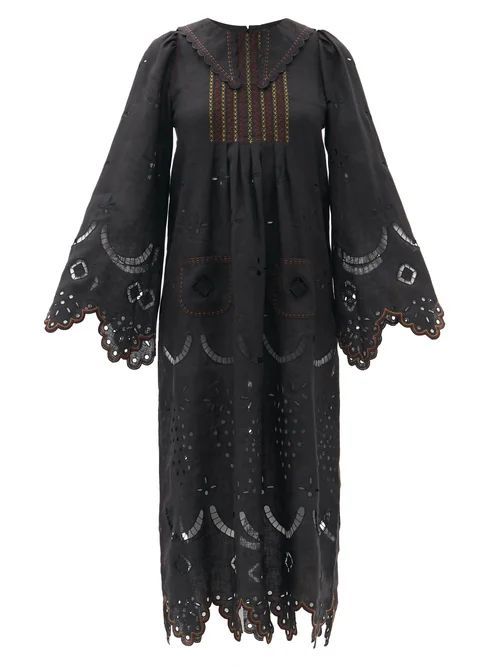 Victoire Embroidered Linen Midi Dress - Womens - Black