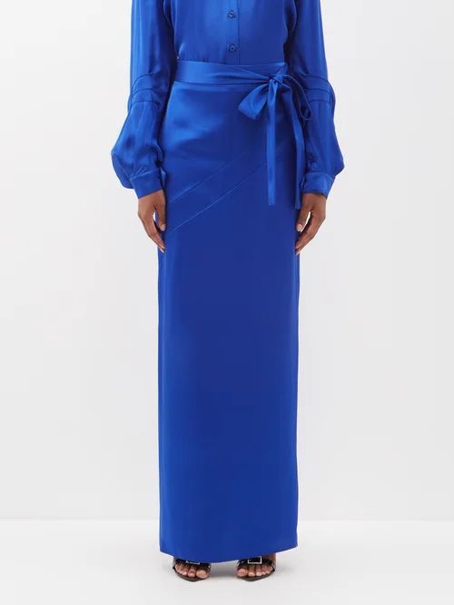 Bow-waist Satin Maxi Skirt - Womens - Blue