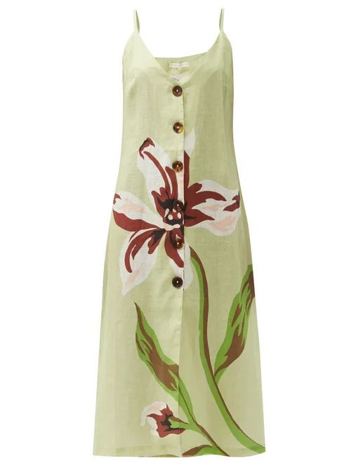 Luisa Floral-print Linen Midi Dress - Womens - Green Multi