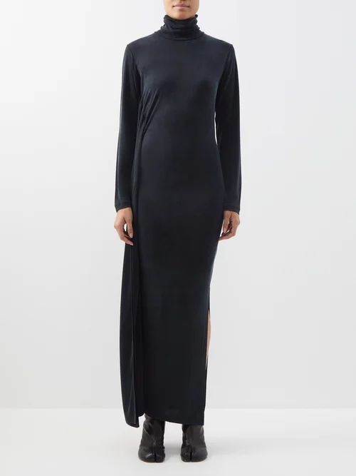Side-slit Cupro-blend Maxi Dress - Womens - Black