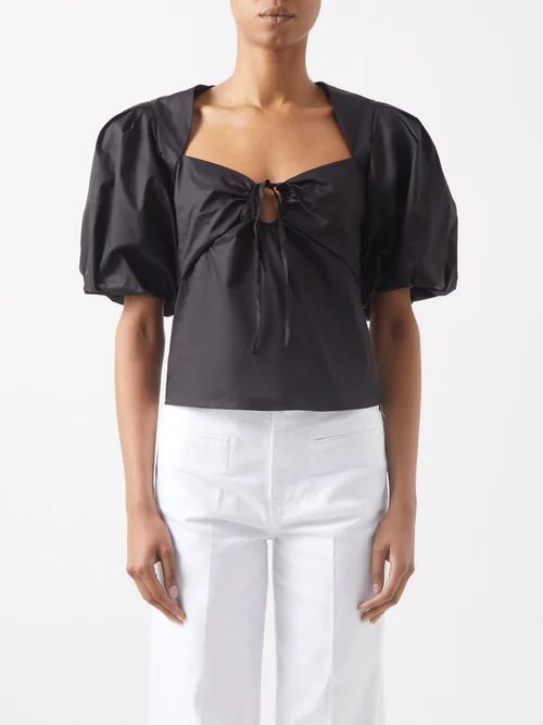Puff-sleeve Tie-front Cotton-blend Blouse - Womens - Black