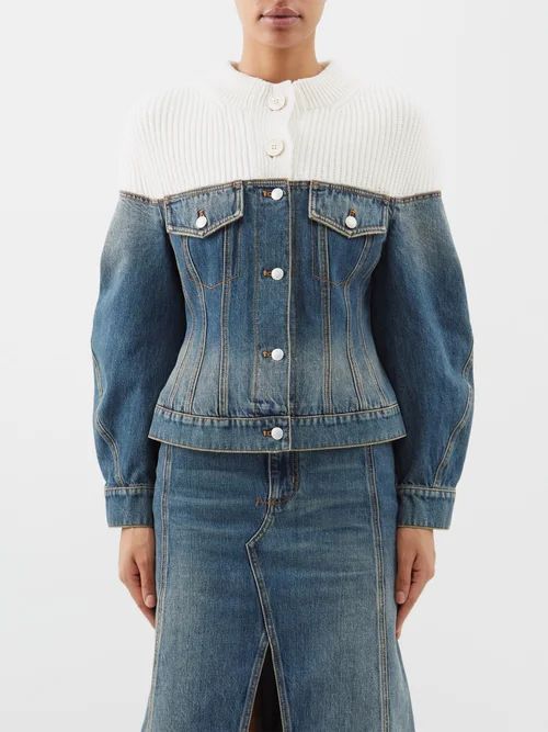 Knit-panel Distressed-denim Jacket - Womens - Blue White
