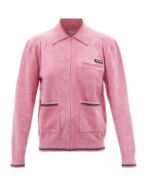Stripe-trim Chenille Zip-through Cardigan - Womens - Pink