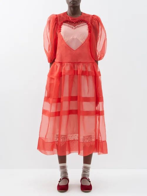 Beaded Heart-insert Silk-organza Midi Dress - Womens - Red
