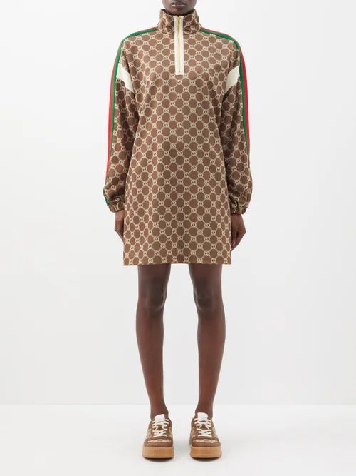 GG-print Web-stripe Piqué-jersey Mini Dress - Womens - Brown Multi
