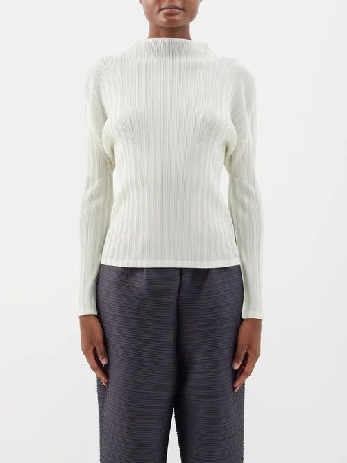 High-neck Technical-pleated Long-sleeved Top - Womens - White