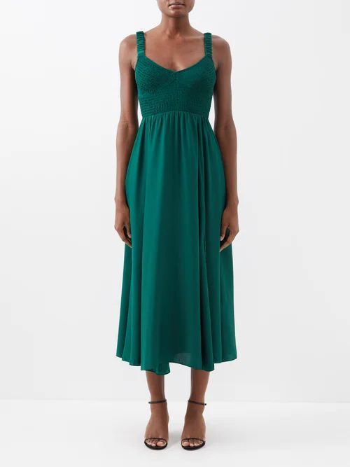 Sarah Smocked-bodice Silk Dress - Womens - Dark Green
