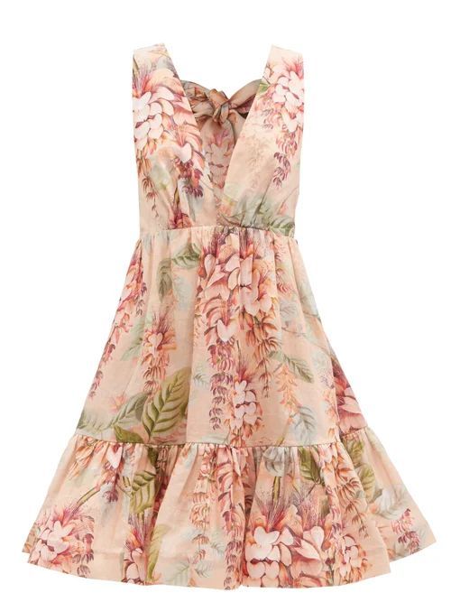Candescent Coral Tree-print Linen Dress - Womens - Pink Print
