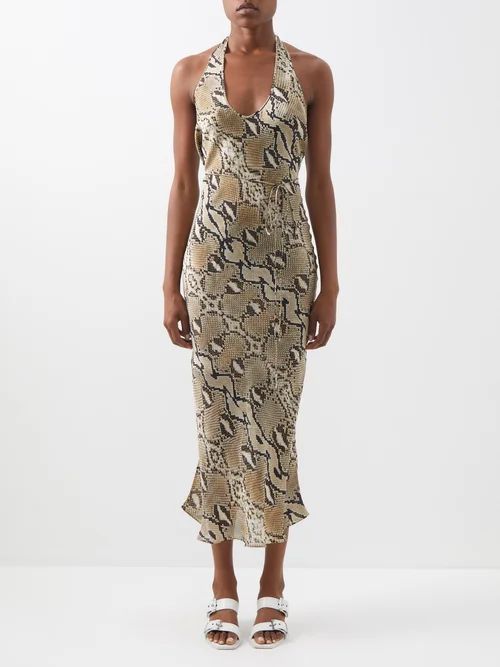 Abby Halterneck Python-print Silk Dress - Womens - Beige Multi