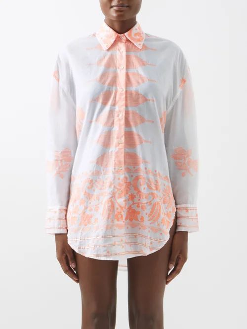 Dhaka-embroidery Cotton-poplin Shirt - Womens - Orange White