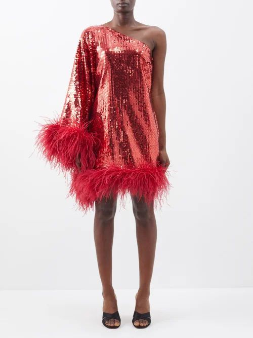 Piccolo Disco Feather-trim Sequinned Crepe Dress - Womens - Red