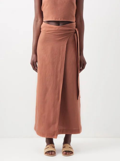 Benjamina Wrap Linen Midi Skirt - Womens - Tan