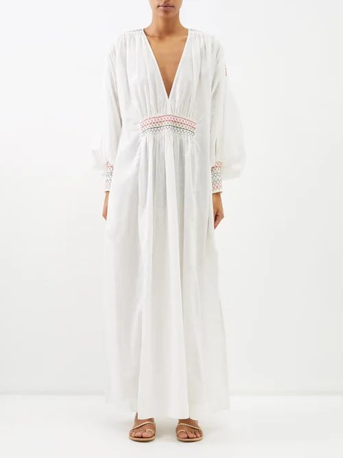 Blossom Embroidered Linen-blend Maxi Dress - Womens - White Multi