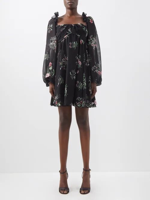 Floral-print Silk-georgette Mini Dress - Womens - Black Multi