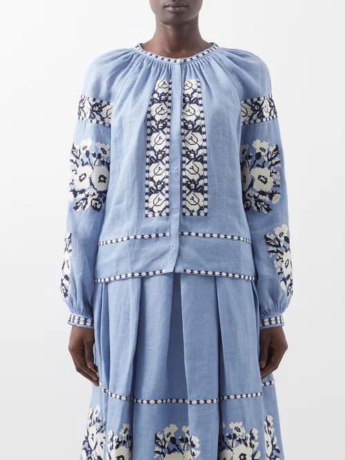 Kristinka Embroidered-linen Blouse - Womens - Blue Multi