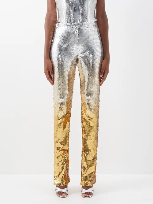 High-waist Sequinned Mesh Straight-leg Trousers - Womens - Gold Silver