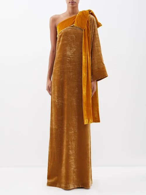 Nel One-shoulder Bow-appliqué Velvet Gown - Womens - Gold