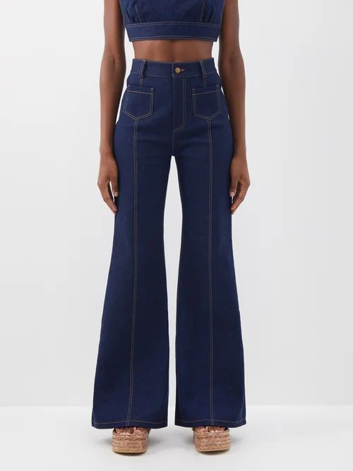 High-rise Organic Cotton-blend Flared Jeans - Womens - Dark Denim