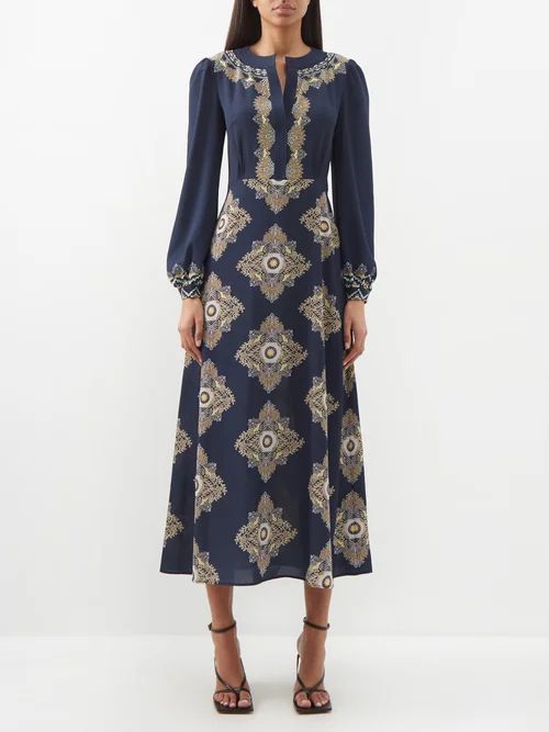 Geometric-jacquard Midi Dress - Womens - Blue