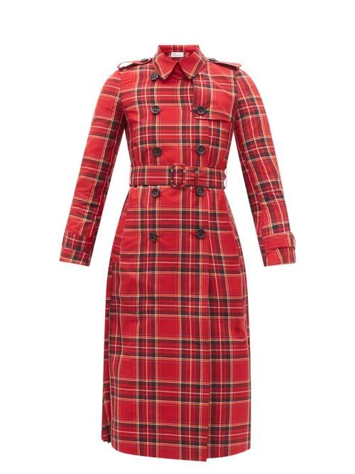 Pleated Tartan Canvas Trench Coat - Womens - Red Print