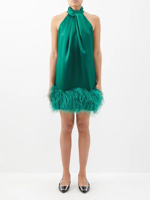 Cynthia Feather-trim Halterneck Satin Mini Dress - Womens - Dark Green