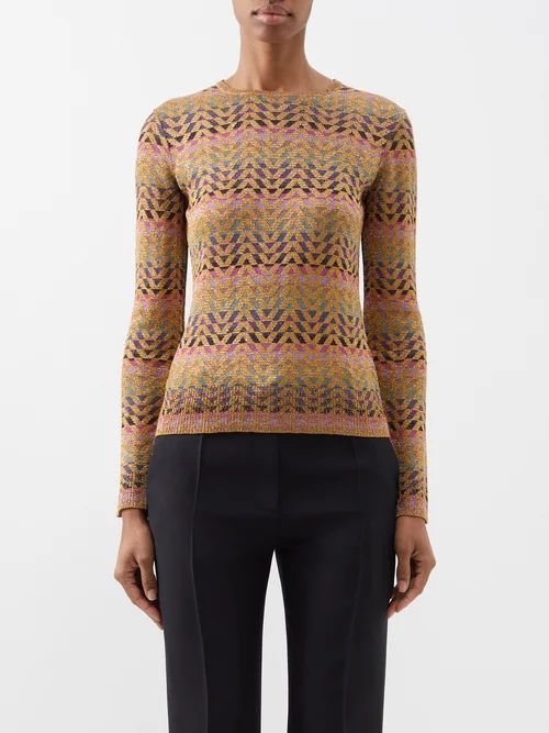 Optical Valentino-jacquard Lurex Sweater - Womens - Gold Multi