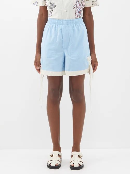Lace-up High-rise Cotton Shorts - Womens - Blue White