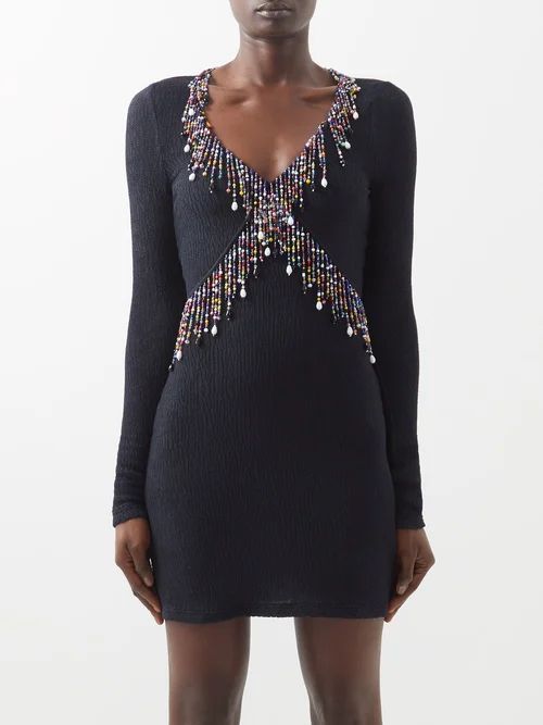 Beaded Cloqué-effect Mini Dress - Womens - Black