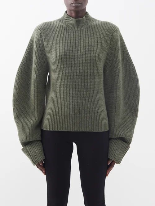 Balloon-sleeve Ribbed-knit Cashmere Sweater - Womens - Khaki