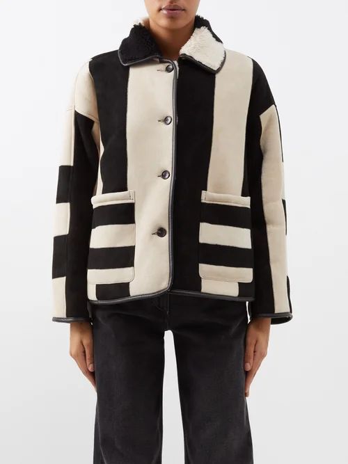 Avis Reversible Striped Shearling Jacket - Womens - White Black