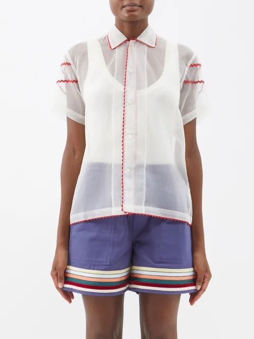 Short-sleeved Ricrac-trim Sheer-silk Shirt - Womens - Cream Multi