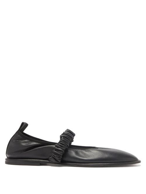 Dash Ruched Leather Mary Jane Flats - Womens - Black
