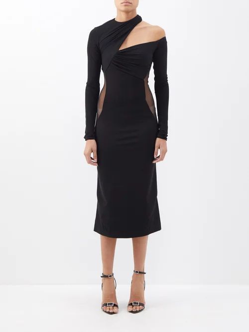 Asymmetric One-shoulder Jersey Midi Dress - Womens - Black