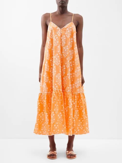 Lace-trim Floral-print Cotton-blend Midi Dress - Womens - Apricot