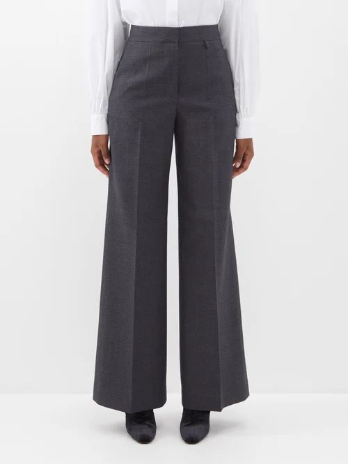 High-rise Pressed-crease Wool Wide-leg Trousers - Womens - Dark Grey