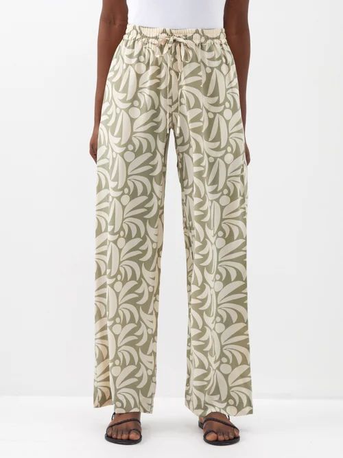 Abstract-print Elasticated-waist Silk Trousers - Womens - Cream Print
