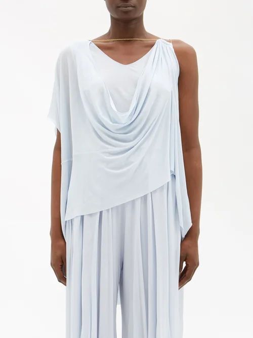 Chain-embellished Draped-jersey Top - Womens - Light Blue