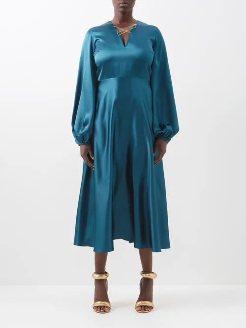 Anika Pin-front Silk Midi Dress - Womens - Dark Blue