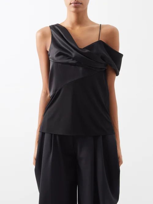 Asymmetric Draped Satin Top - Womens - Black