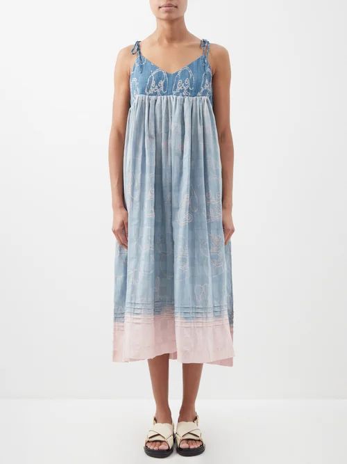 Daisy Batik-dyed Organic-cotton Midi Dress - Womens - Pink Blue