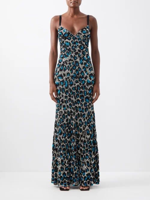 Leopard-print Sequinned Georgette Gown - Womens - Blue Multi