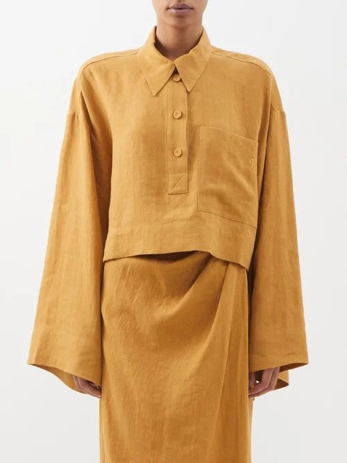 Casia Oversized Cropped Linen Shirt - Womens - Camel
