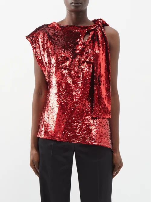 Asymmetric Sequinned Top - Womens - Red
