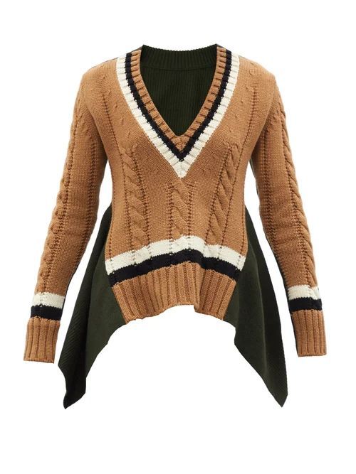 V-neck Draped Cable-knit Wool Sweater - Womens - Khaki Multi